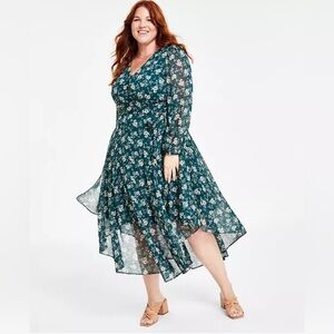 Vince Camuto Deep Forest Floral Long Sleeve Handkerchief Dress 2x